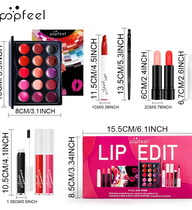 POPFEEL Lip Edit Set | Full-Size Lip Kit w/ Liners, Gloss & Palette | Essential Makeup Set for Perfect Lips | Trendy Beauty Gift