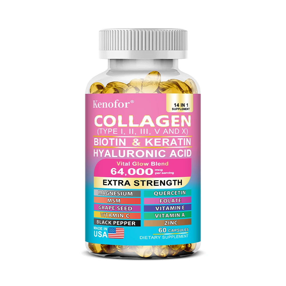 Kenofor Collagen 1000mg with Biotin 10,000mcg, Keratin Hyaluronic Acid Vitamin C Healthy Formula Dietary Supplement Gluten Free