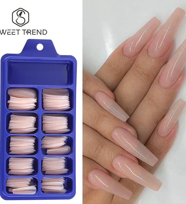 100pcs Nude Pink False Nail Press On Nails Acrylic Extension Coffin Forms Nail Tips Artificial Long Full Cover Fingernails Tools