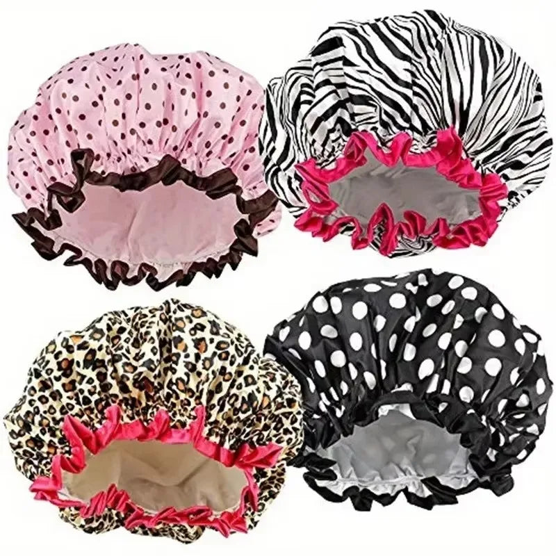 4pcs/set Bathroom Waterproof Shower Caps Fashion Double Layer Women Sleeping Cap Elastic Reusable Bathing Hat Bashroom Supplies