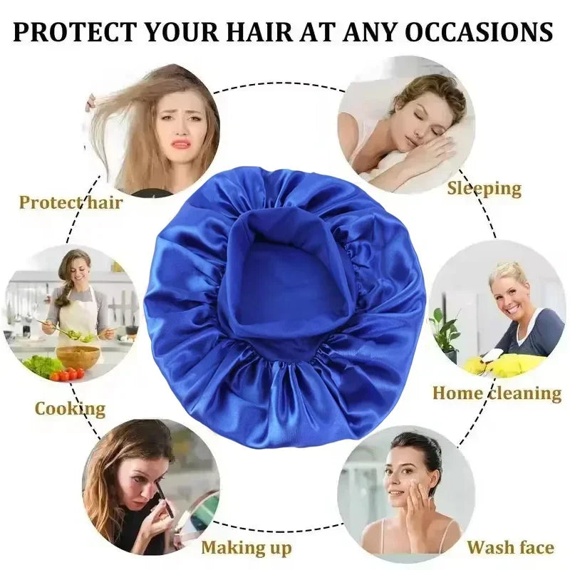 1pcs Soft Silk Satin Lined Bonnet Large Satin Hair Bonnet Household Sleep Shower Cap Hair Wrap Cover for Long Hair Salon Tool - BlissFully