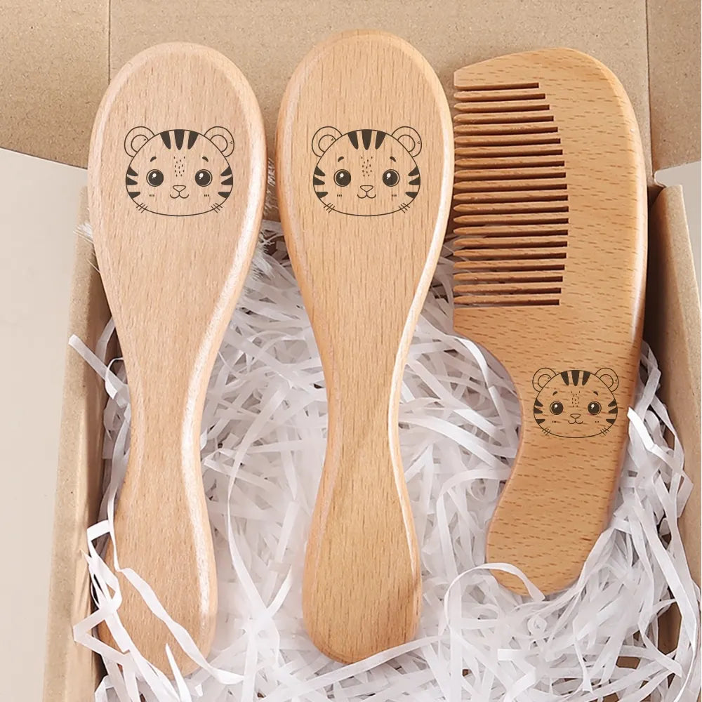 3pcs set engraving panda baby comb brush set newborn gift set Natural Wool beech Wooden Comb Baby Hair Brush air cushion comb