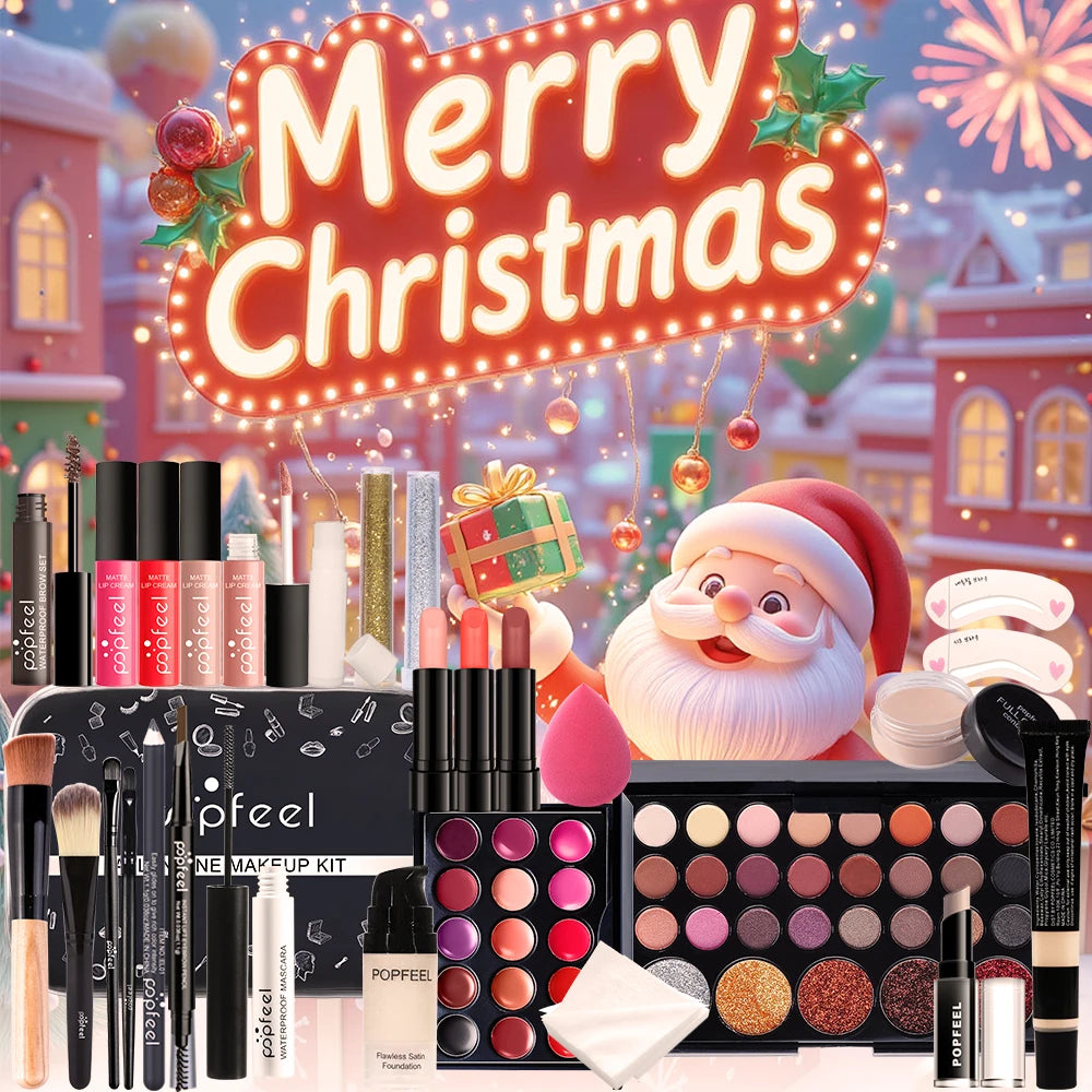 POPFEEL Complete Christmas Makeup Set Gift Box -Holiday Surprise for Friends and Family | Festive Christmas Cosmetics Collection