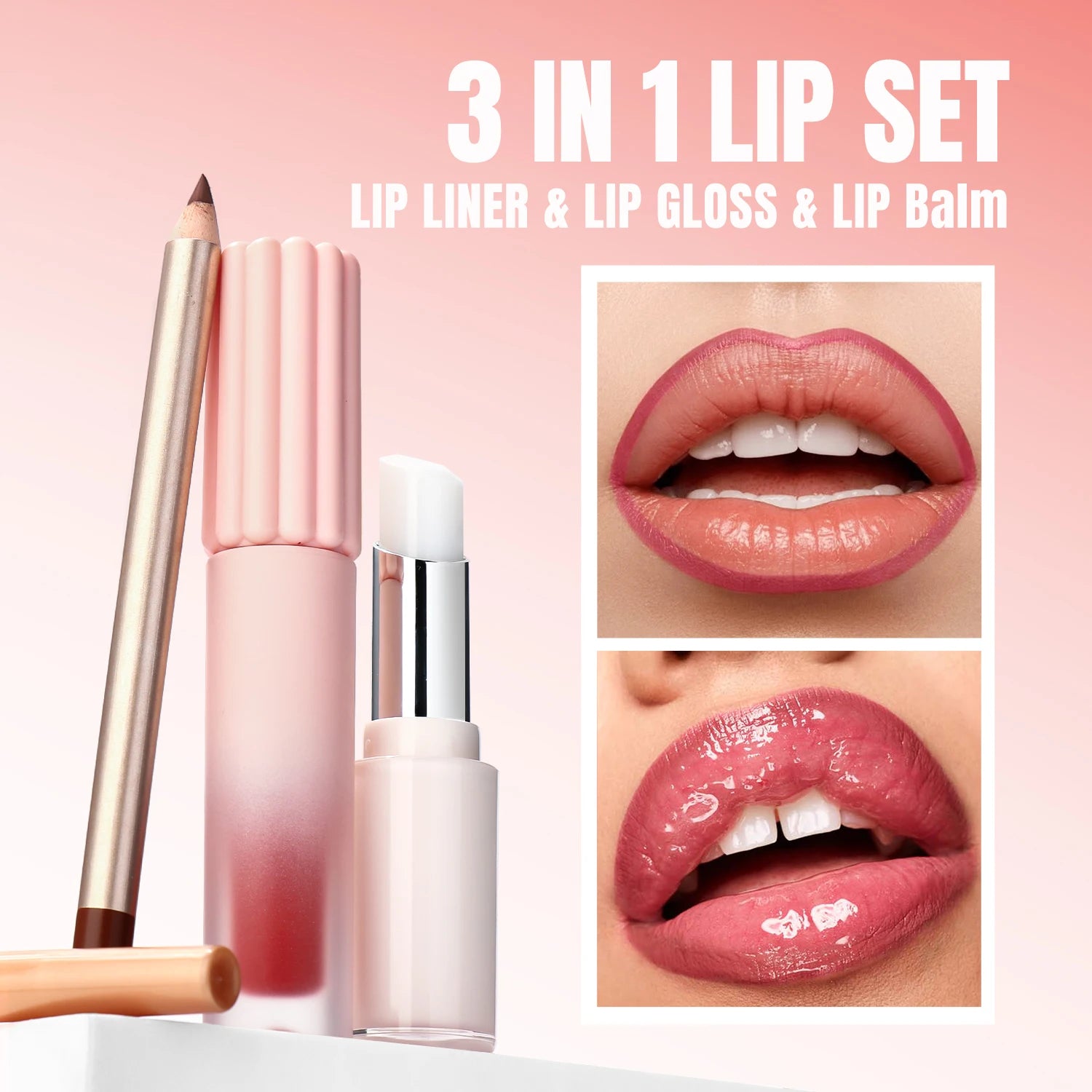 Lip Makeup Kit Private Label Lip Gloss Pencil Liner Balm Matte Glossy Lipgloss Set 3 in 1 Gift Box