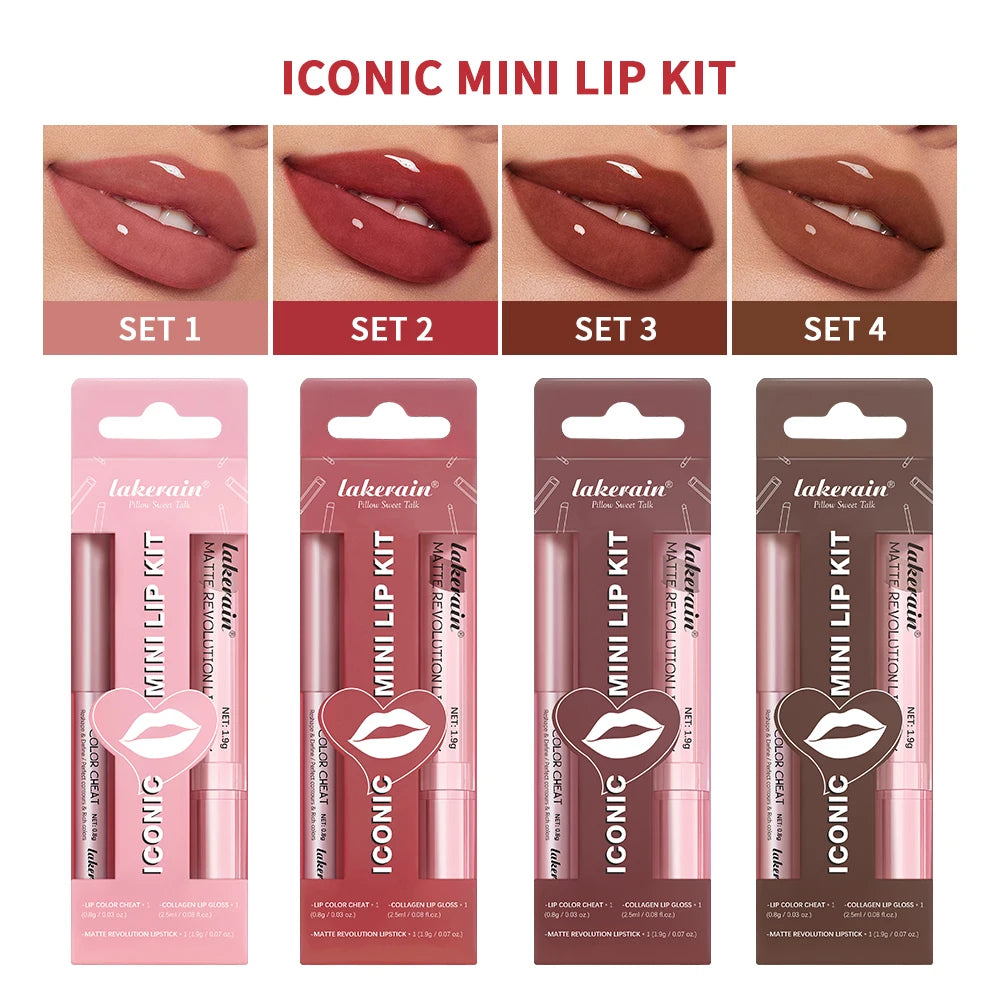 Lipliner&Lipstick Lip Gloss Set 3pcs/set Waterproof Long Lasting Lip Makeup Matte Travel Mini Set Women's Makeup Cosmetics