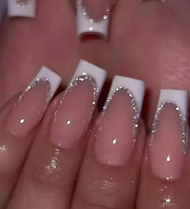 24Pcs Short Square Coffin False Nails French Glitter Wearable Fake Nails Acrylic Full Cover Women Ballet Press on Nails Tips