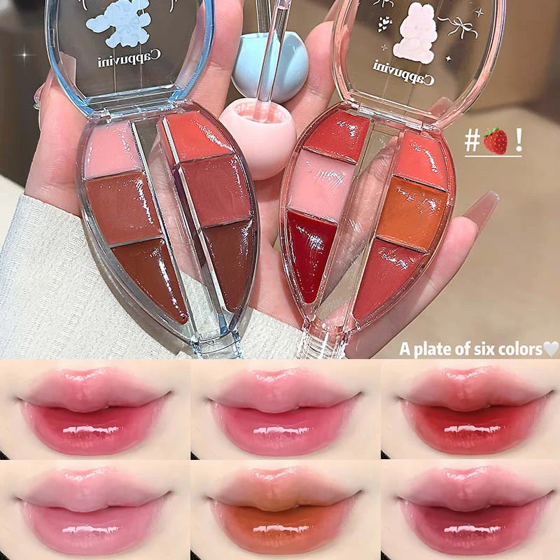 Six-color Strawberry Mirror Jelly Lipstick Palette Juicy Pink Solid Lip Gloss Set Moisturizing Lip Oil Tint with Silicone Brush