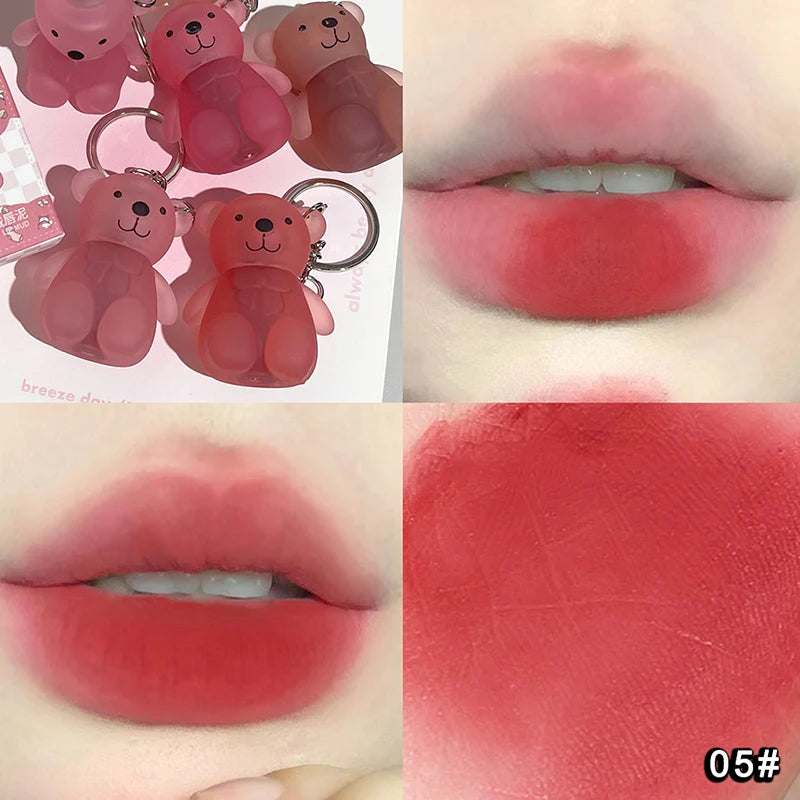 Cute Bear Keychain Velvet Mist Lip Glaze Waterproof Lasting Matte Lipstick Orange Lips Tint Women Dupes Korean Makeup Cosmetic