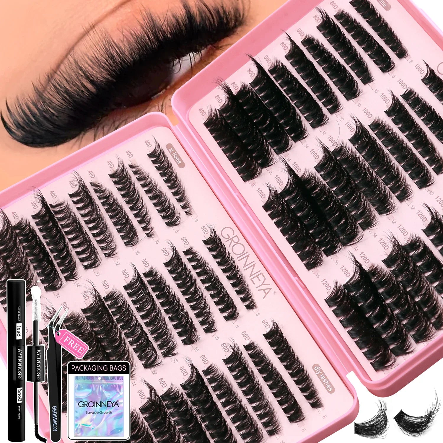 GROINNEYA Lash Clusters Kit Cat Lashes with Lash Bond & Seal Wispy Cluster Eyelash Clusters Kit DIY Eyelash Extensions at Home