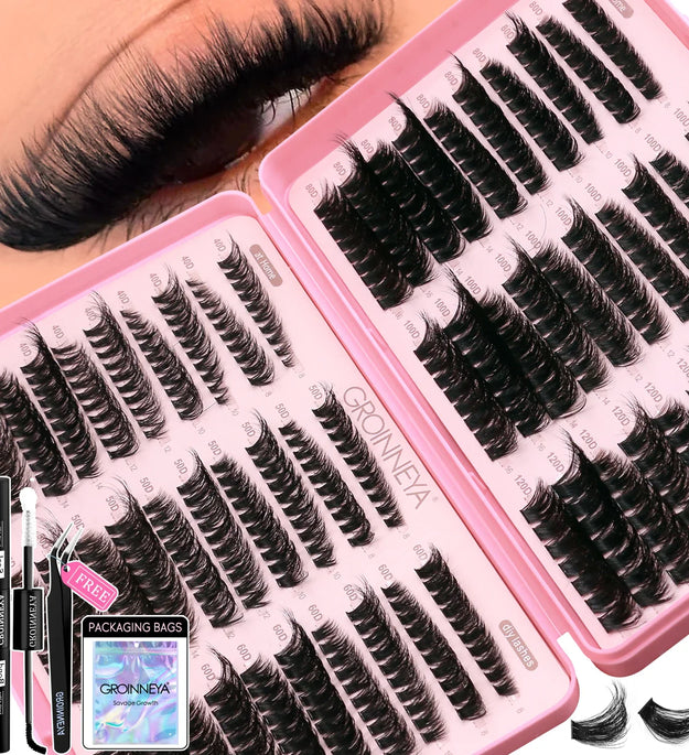 GROINNEYA Lash Clusters Kit Cat Lashes with Lash Bond & Seal Wispy Cluster Eyelash Clusters Kit DIY Eyelash Extensions at Home