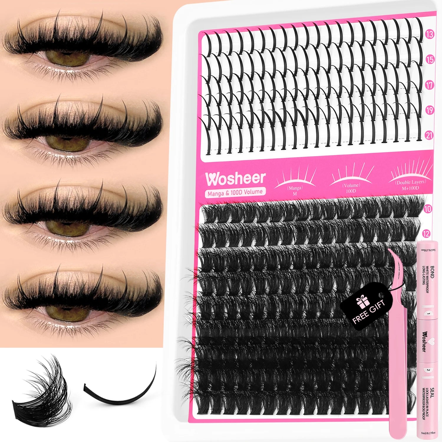 WOSHEER Lash Clusters Kit Lash Spikes Eyelash Clusters Volume Individual Lashes DIY Spiky Lash Extension Manga Clusters Eyelash