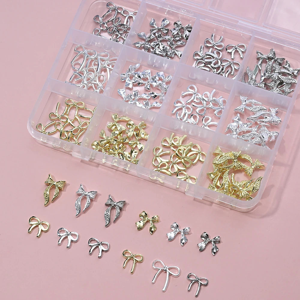 120pcs/box 3D Gold Bow Butterfly Nail Metal Charms Shiny Cute Bowtie/Diamond Star Nail Jewelry 120 Luxury Nail Art Supplies #RE4