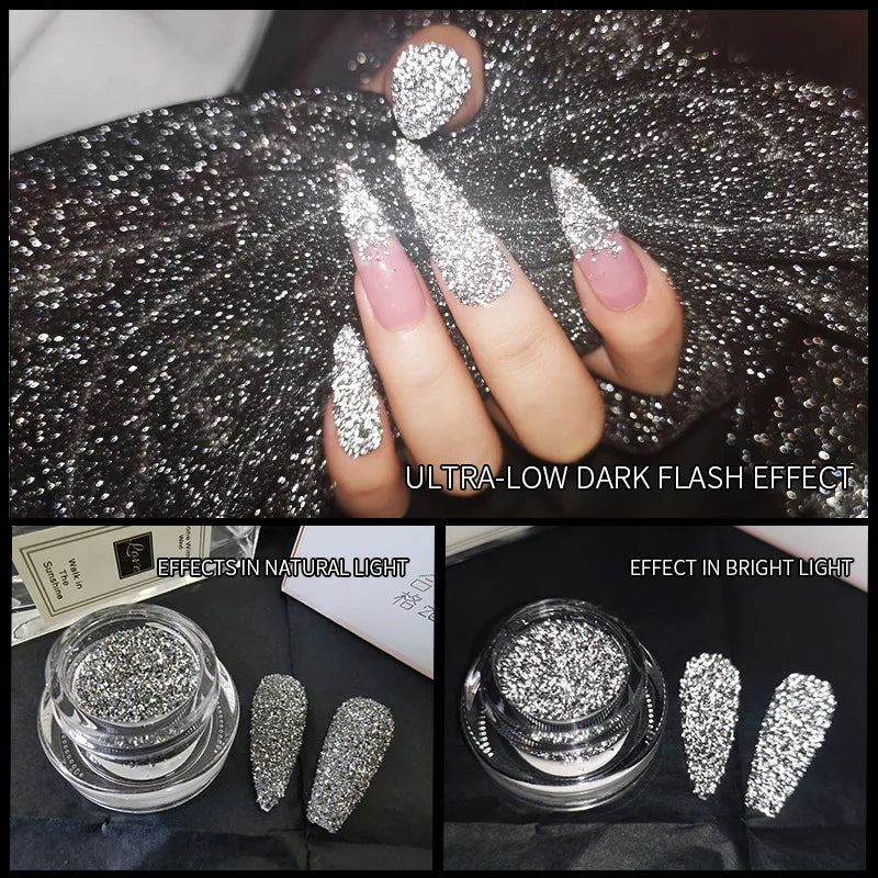 1box Shiny Reflective Diamond Nail Glitter Powder Silver Holographic Micro Drill Dazzling Crystal Gel Polish Manicure Pigment Du