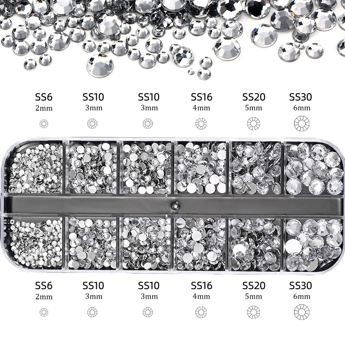 2400pcs+ Shiny Clear Crystal Gems Nail Rhinestones 1.5-4mm Mixed Round Glass Stone Flatback Nail Charms 12grids Nail Diamond DIY