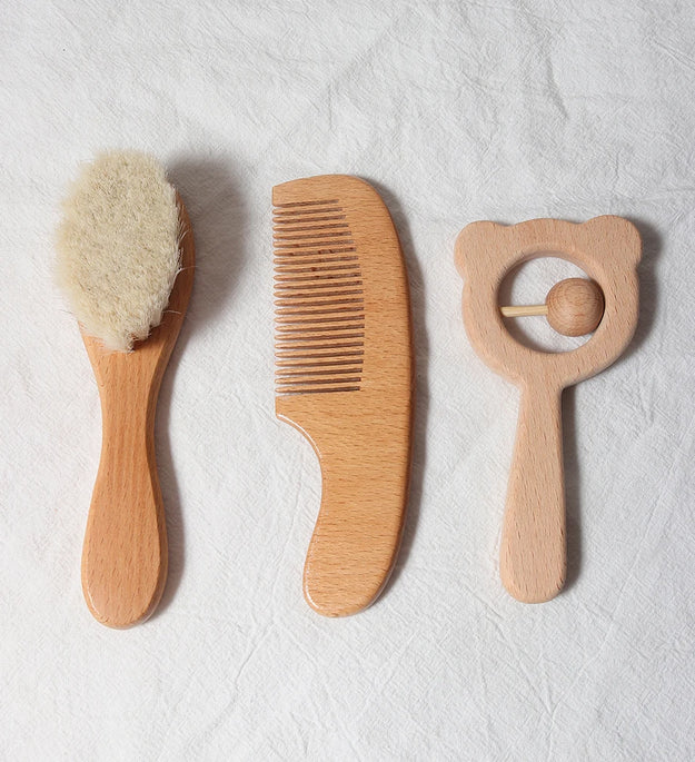 baby comb brush set newborn gift set Natural Wool beech Wooden Comb baby bib pacifier clip  Kids  Baby Hair Brush