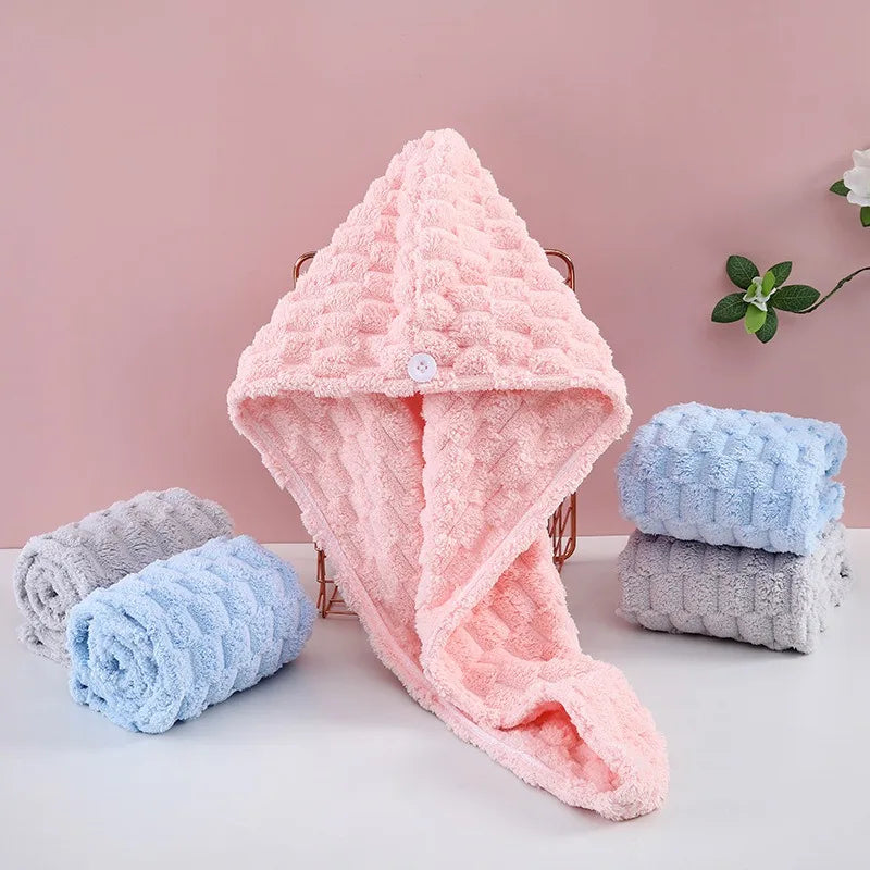 1Pcs Microfiber Quick-dry Hair Towel Cap with Button Super Absorption Bath Hat Fast Drying Hair Drying Wrap Hat Towel for Women