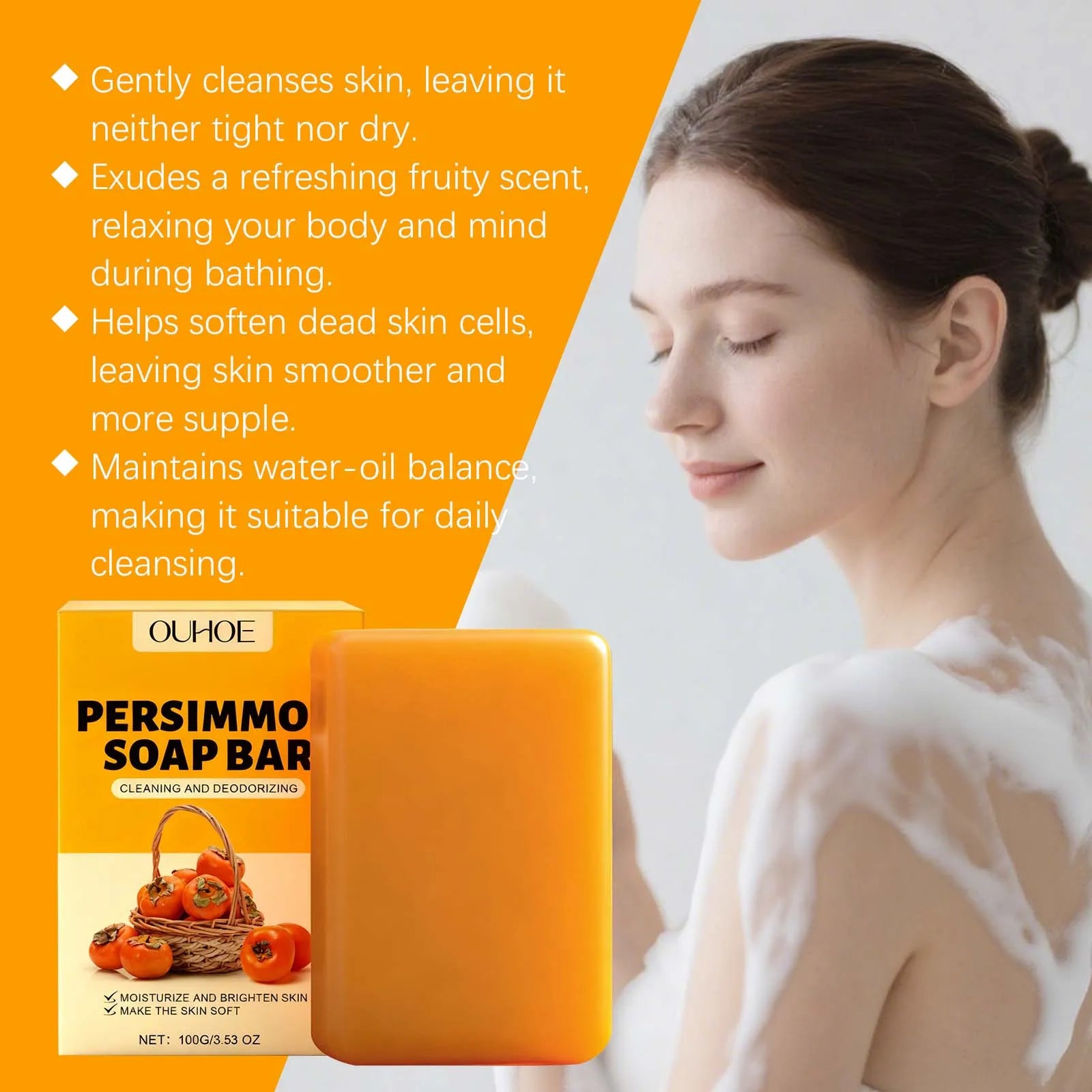 Persimmon Fresh Bath Soap Gentle Care Nourishes and Moisturizes Skin Cleanses Leaves Fragrance Hydrates Beautifies Skin