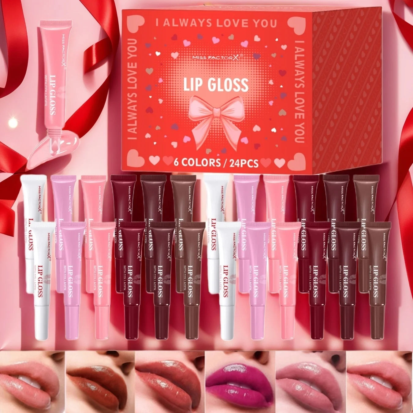 Premium gift set 24PCS/box Lip gloss set Long-lasting moisturizing Lip color modification Perfect gift for women Valentine’s Day