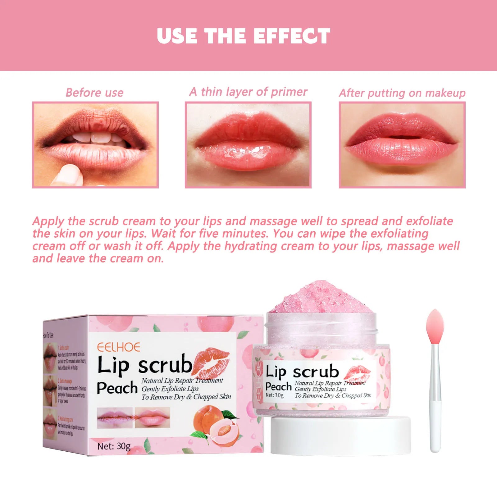 Peach Lip Scrub, Hydrating & Exfoliating Lip Care, Gently Smooths Lip Lines for Soft Skin