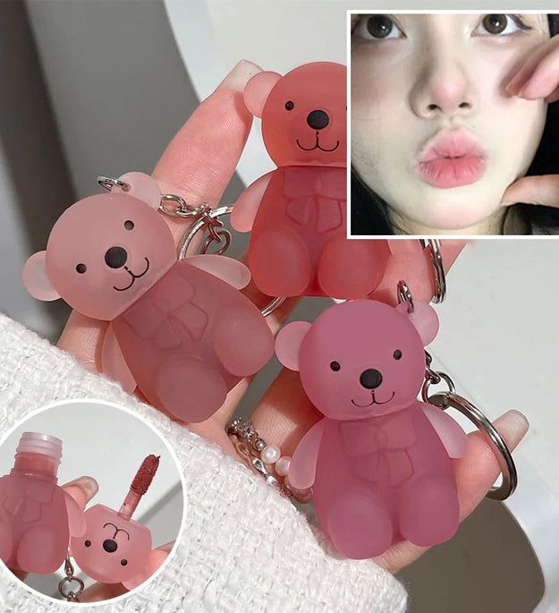 Cute Bear Keychain Velvet Mist Lip Glaze Waterproof Lasting Matte Lipstick Orange Lips Tint Women Dupes Korean Makeup Cosmetic
