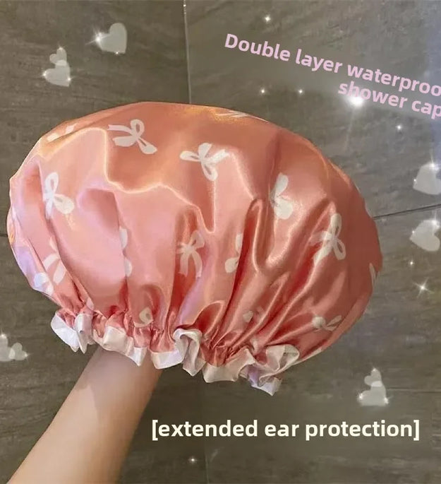 1 Bow Double Layered Waterproof Shower Cap with Ear Protection Design for Bathroom Skincare, Sweet and Practical
