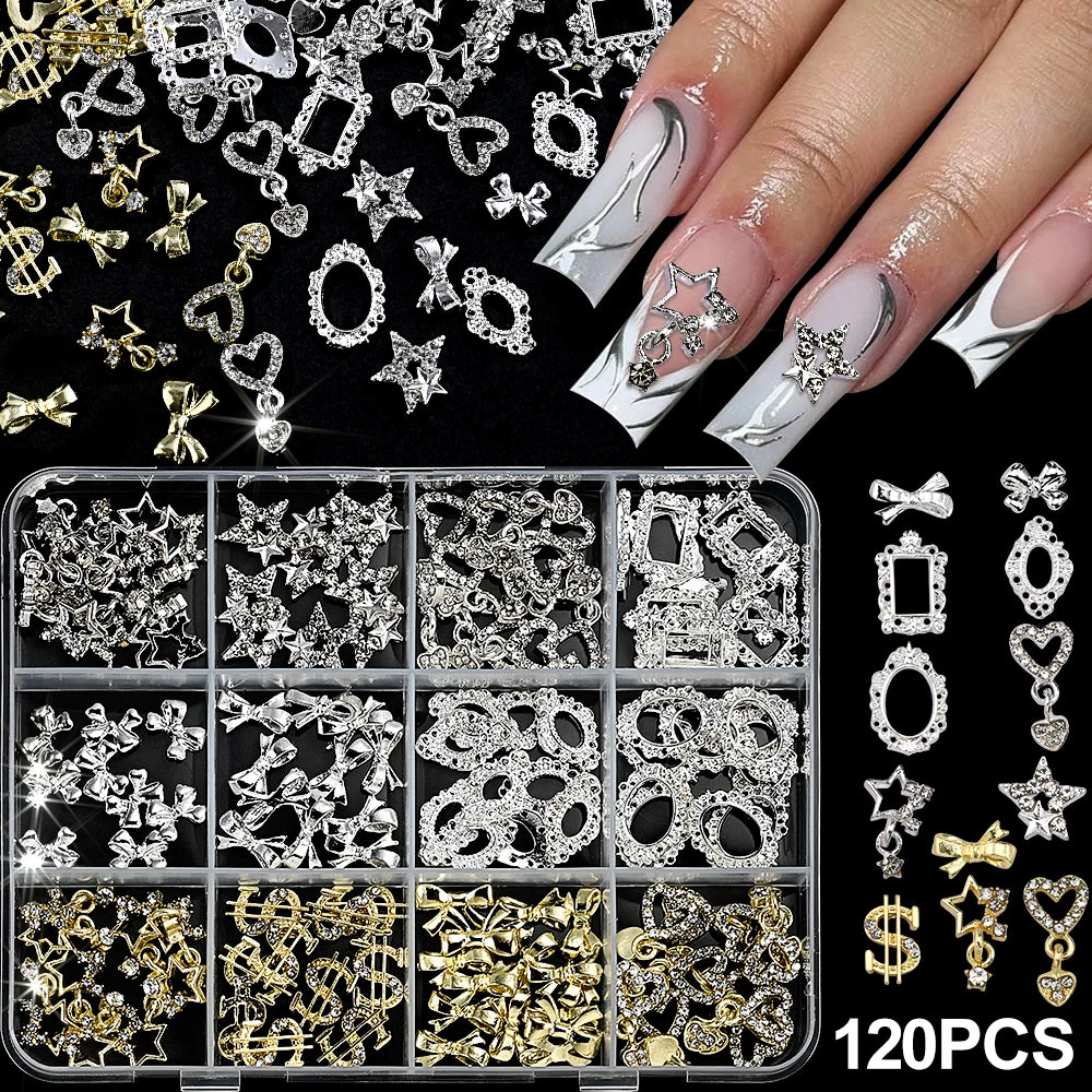 120pcs/box 3D Gold Bow Butterfly Nail Metal Charms Shiny Cute Bowtie/Diamond Star Nail Jewelry 120 Luxury Nail Art Supplies #RE4