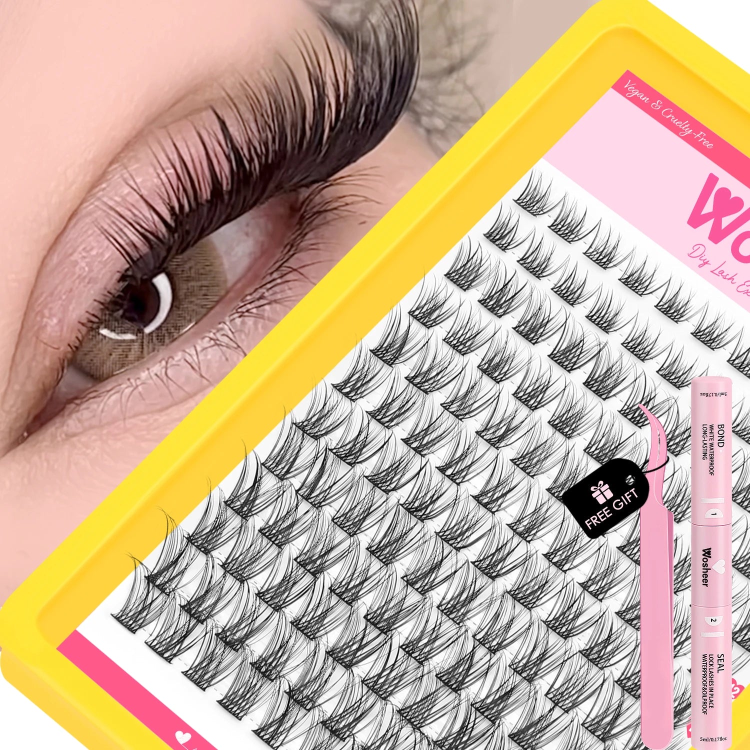 WOSHEER Lashes Cluster Kit Cat Lashes DIY Natural Eyelash Extension Kit Lash Bond & Seal Eyelash Clusters Set Makeup