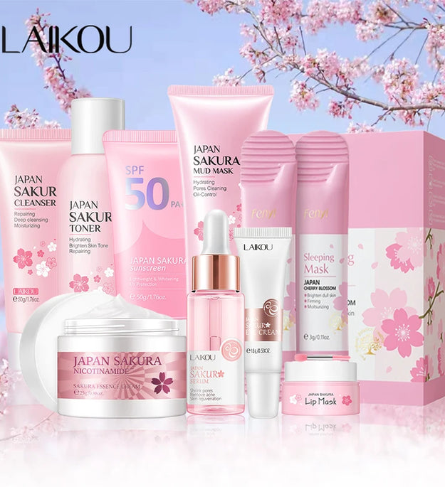 9pcs Facial Products Kit Sakura Skin Care Set Facial Cleanser Face Cream Sunscreen Facial Mask Eye Cream Korean Skincare Product