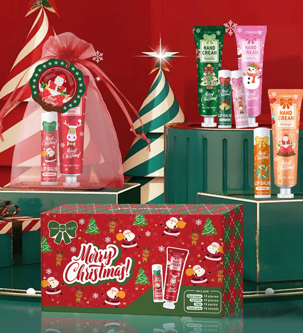 Christmas kit-10 sets/box hand cream kit, lip balm set, with Santa Card and red gift bag, party gift distribution