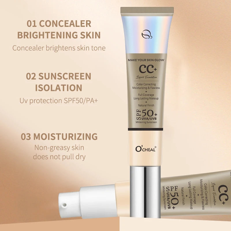 Ocheal 30g CC Cream Foundation Waterproff Concealer Moisturizing Sunscreen Liquid SPF 50+ Long Lasting Brightening Makeup Primer - BlissFully