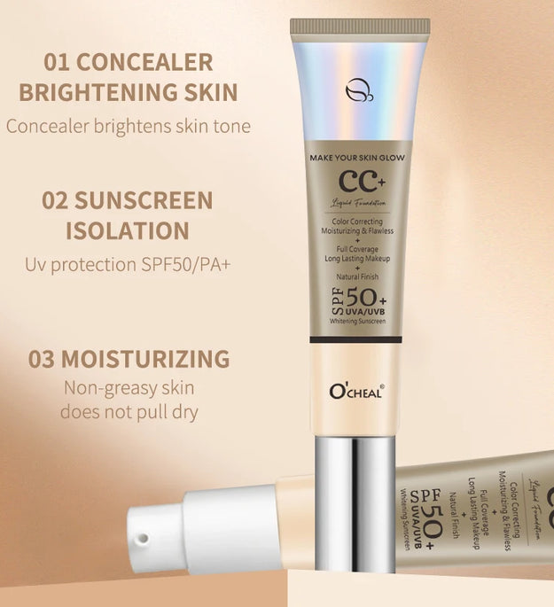 Ocheal 30g CC Cream Foundation Waterproff Concealer Moisturizing Sunscreen Liquid SPF 50+ Long Lasting Brightening Makeup Primer - BlissFully