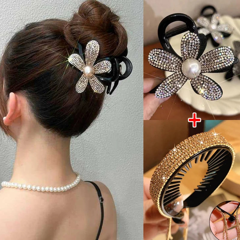 New Korean Rhinestone Hair Claw Clip Elegant Black Hair Crabs Hairgrips for Ladies Headwear Hair Accessories Ponytail Hair Clips