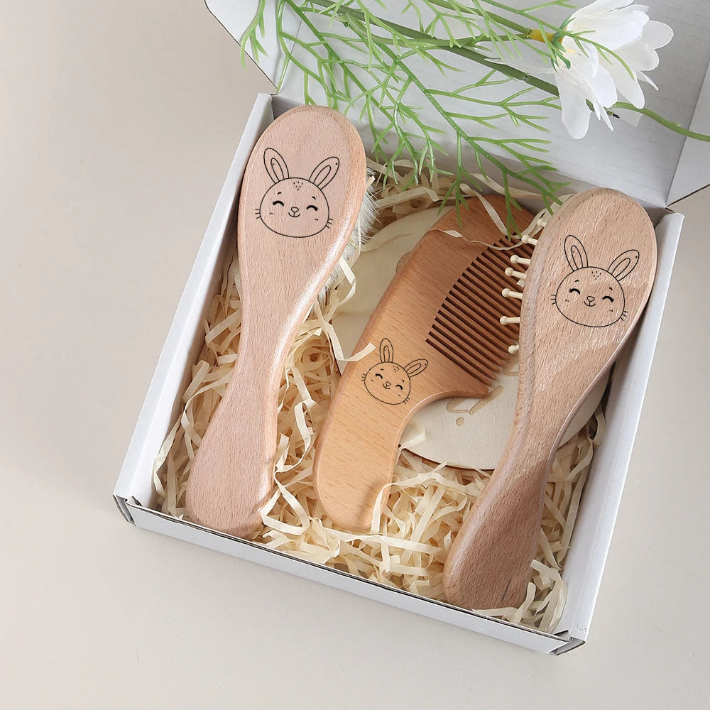 4pcs baby gift set wooden comb hair brush milestone gift box cartoon cute animal