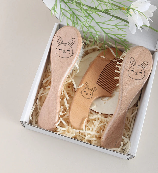 4pcs baby gift set wooden comb hair brush milestone gift box cartoon cute animal