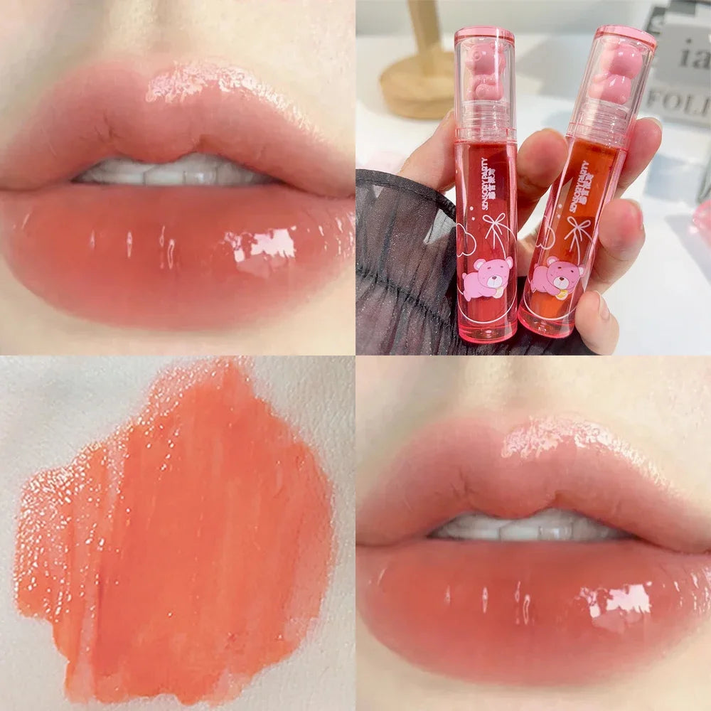 Crystal-frozen Glossy Lip Glaze Cute Bear Pink Jelly Lipgloss Glossy Mirror White Nude Liquid Lipstick Lips Makeup Korean Makeup