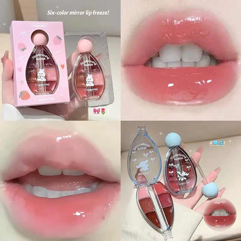 Six-color Strawberry Mirror Jelly Lipstick Palette Juicy Pink Solid Lip Gloss Set Moisturizing Lip Oil Tint with Silicone Brush