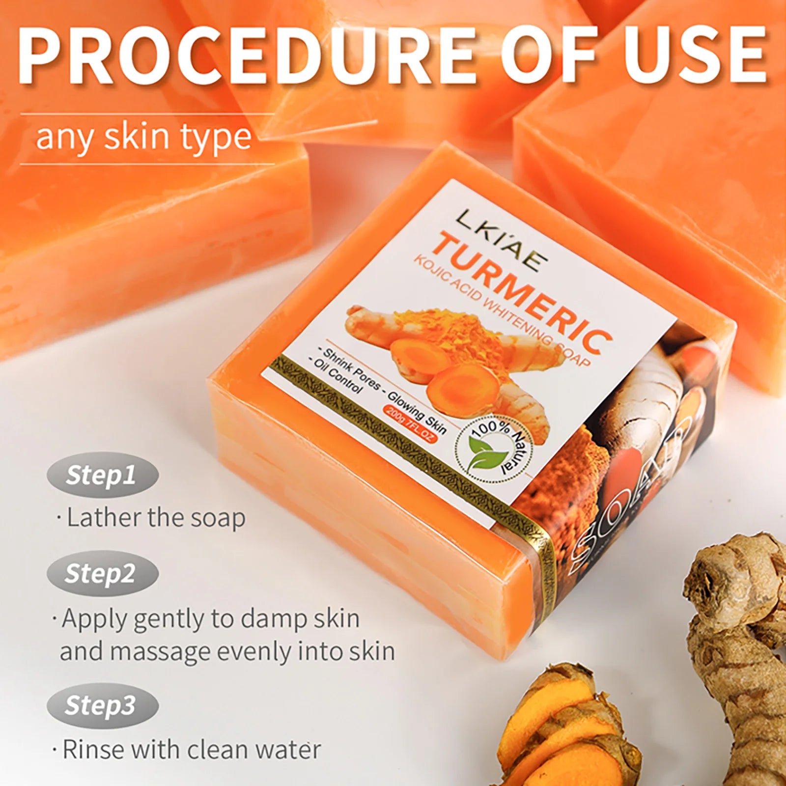 LKIAE Organic Turmeric Soap Bar, Natural Herbal Hand Made Whitening Soap, Reduce Melanin, Pimples, Acne, For Face And Body,200g