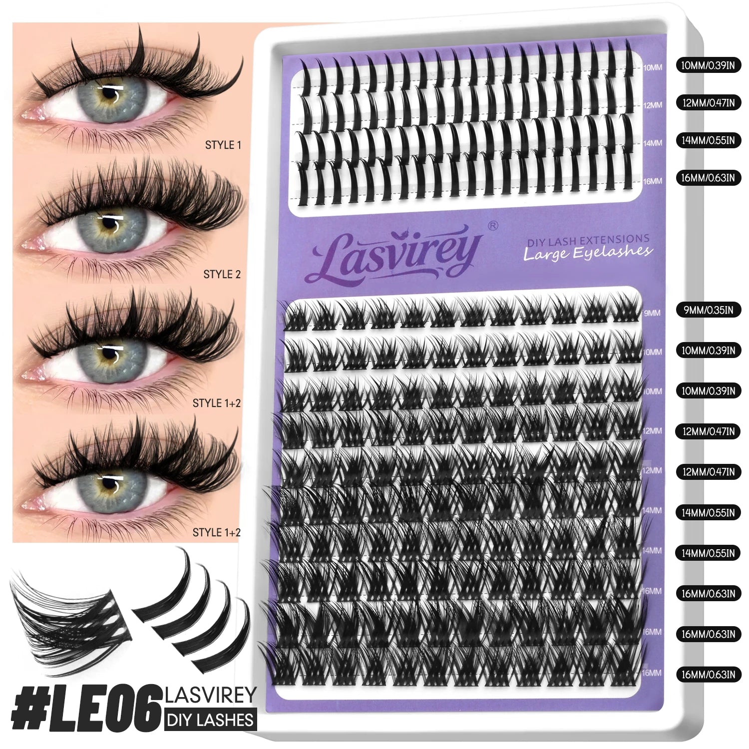 LASVIREY Fluffy Lash Clusters DIY Spiky Cluster Lashes Mixed Tray Individual Lashes Extension Natural Thick Faux Mink Lashes