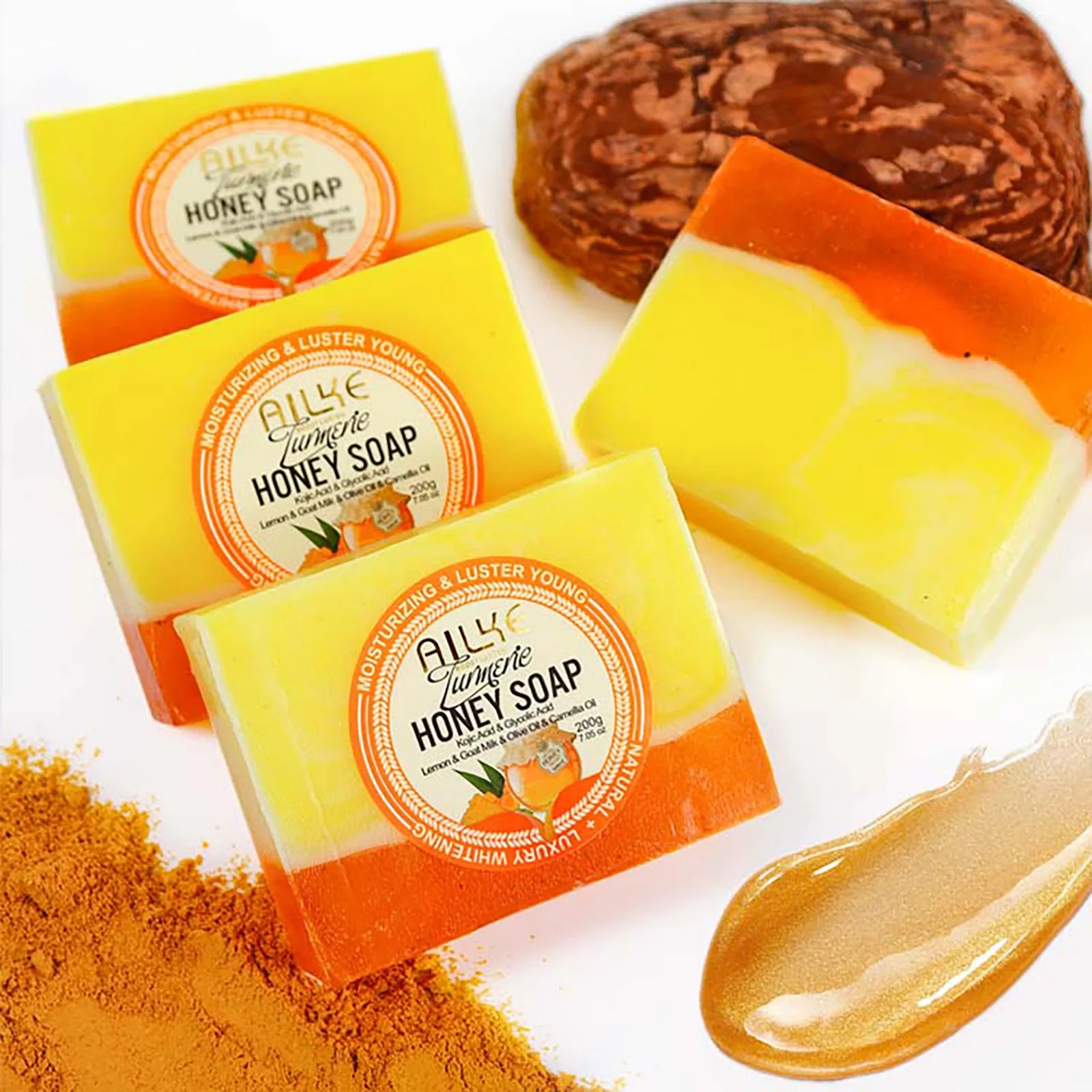 AILKE Natural Turmeric Honey Soap Bar, Whitening, Clean Skin, Remove Dark Spots, Stains, With Kojic Acid, Lemon, 200g/7 oz