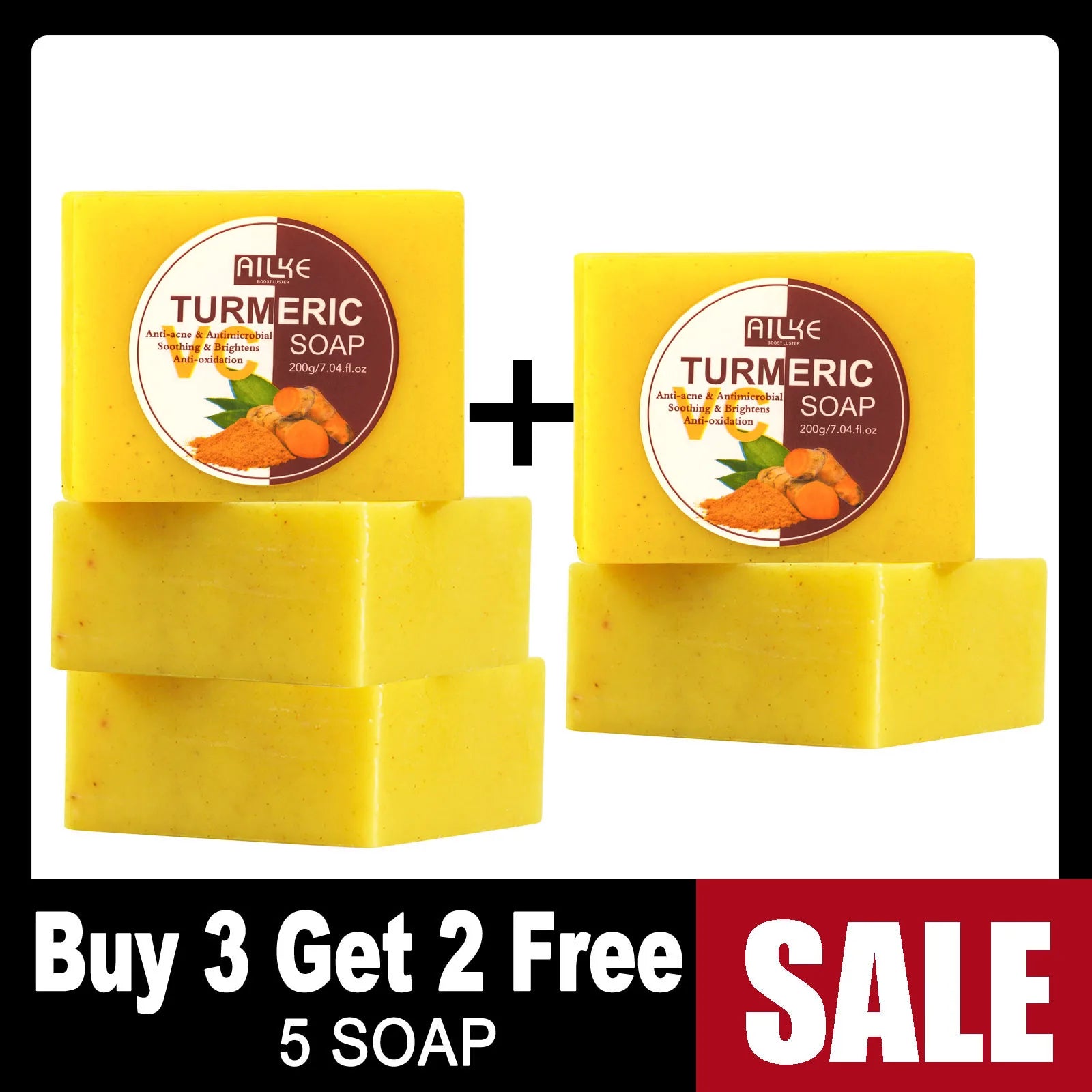 AILKE Natural Turmeric Soap for Face & Body, Whitening, Clean Stains, Even Skin Tone, Remove Acne, Age Spot, Black Spot, 200g