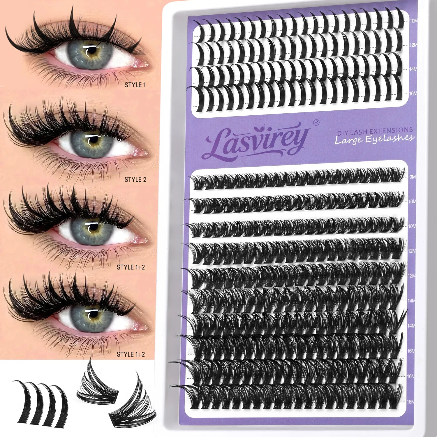 LASVIREY Fluffy Lash Clusters DIY Spiky Cluster Lashes Mixed Tray Individual Lashes Extension Natural Thick Faux Mink Lashes