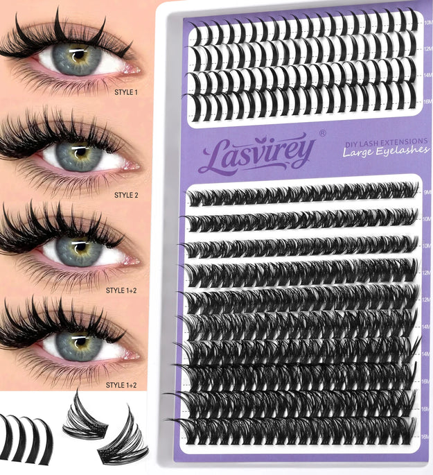 LASVIREY Fluffy Lash Clusters DIY Spiky Cluster Lashes Mixed Tray Individual Lashes Extension Natural Thick Faux Mink Lashes