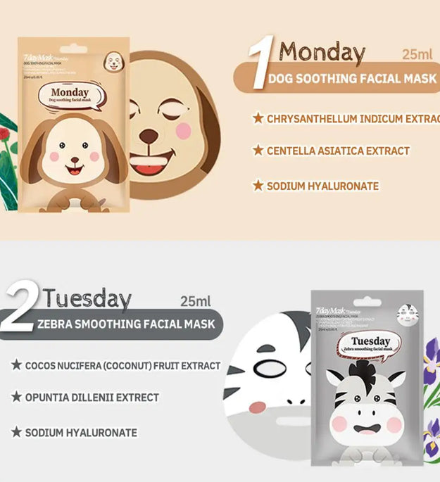 7 Styles Animal Face Mask Set Funny Panda Dog Pig Hydrating Sheet Mask for Spa Party Cute Skincare Gift for Women Girls 1/7PCS