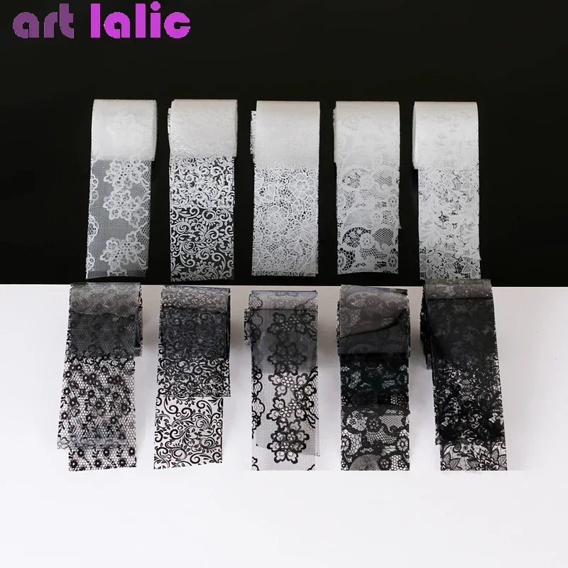 10 Rolls 2.5*60cm New Black White Lace Transfer Foil Nail Art Sexy Full Wraps Flower Glue Adhesive DIY Manicure Styling Tools