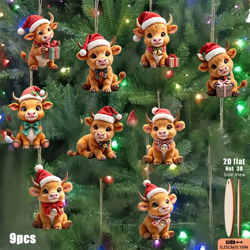 9pcs Wooden Highland Cow Christmas Tree Decoratio with Expressive Eyes and Wear Red and White Bells Xmas Hat 2D Festival Pendant