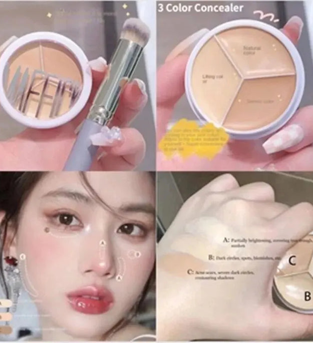 3-Color Concealer Palette Professionally Covers Dark Circles Around Eyes and Face
