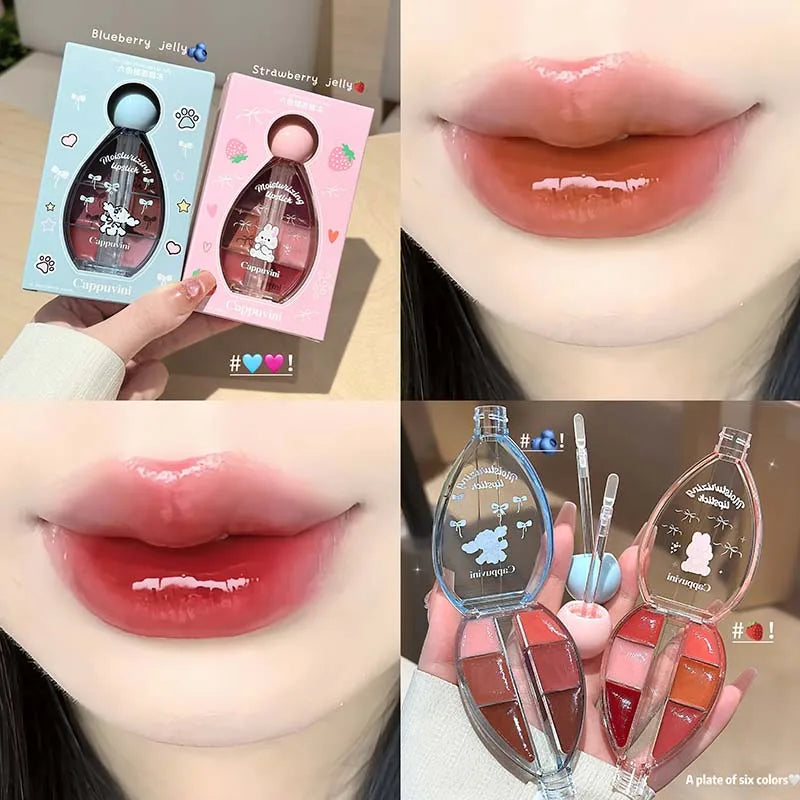 Six-color Strawberry Mirror Jelly Lipstick Palette Juicy Pink Solid Lip Gloss Set Moisturizing Lip Oil Tint with Silicone Brush