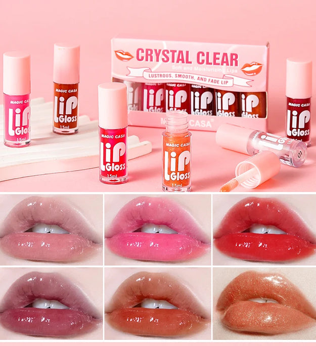 MAGIC CASA 6-Piece Set Water-Gloss Jelly Lip Oil - Plumping, Hydrating, Makeup Base, Long-Lasting Moisture