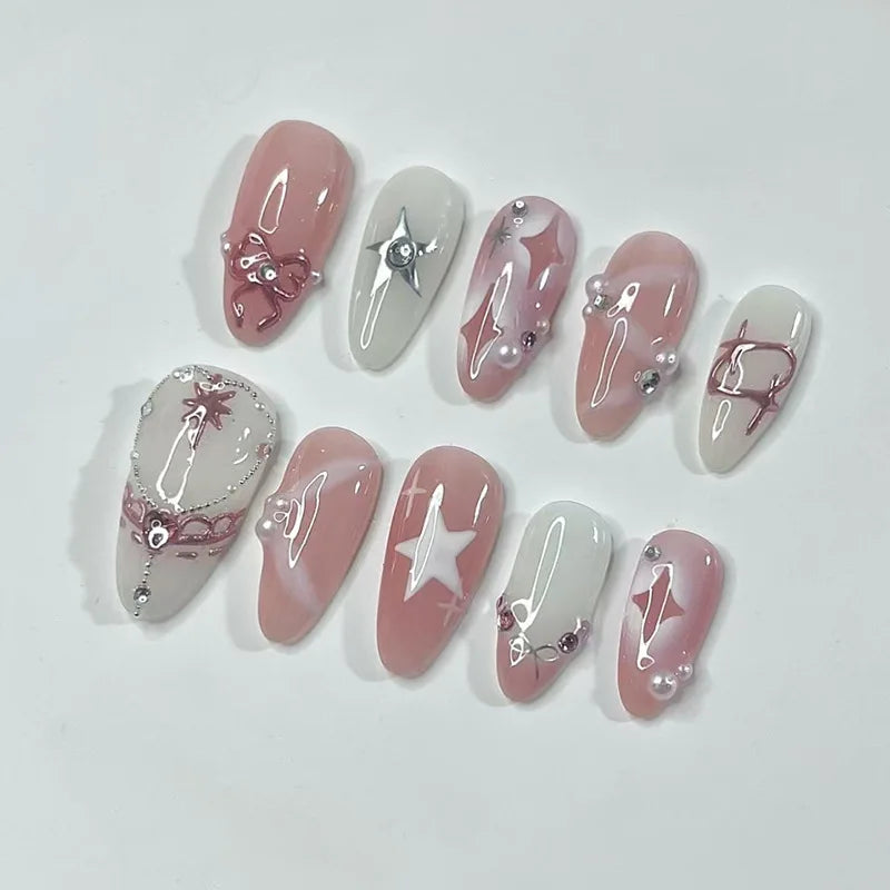 24PCS Wine Red Almond Press on Nails Cartoon Rabbit Bowknot with Plaid Pearl Designs French Fake Nails for Girls Detachable Nail