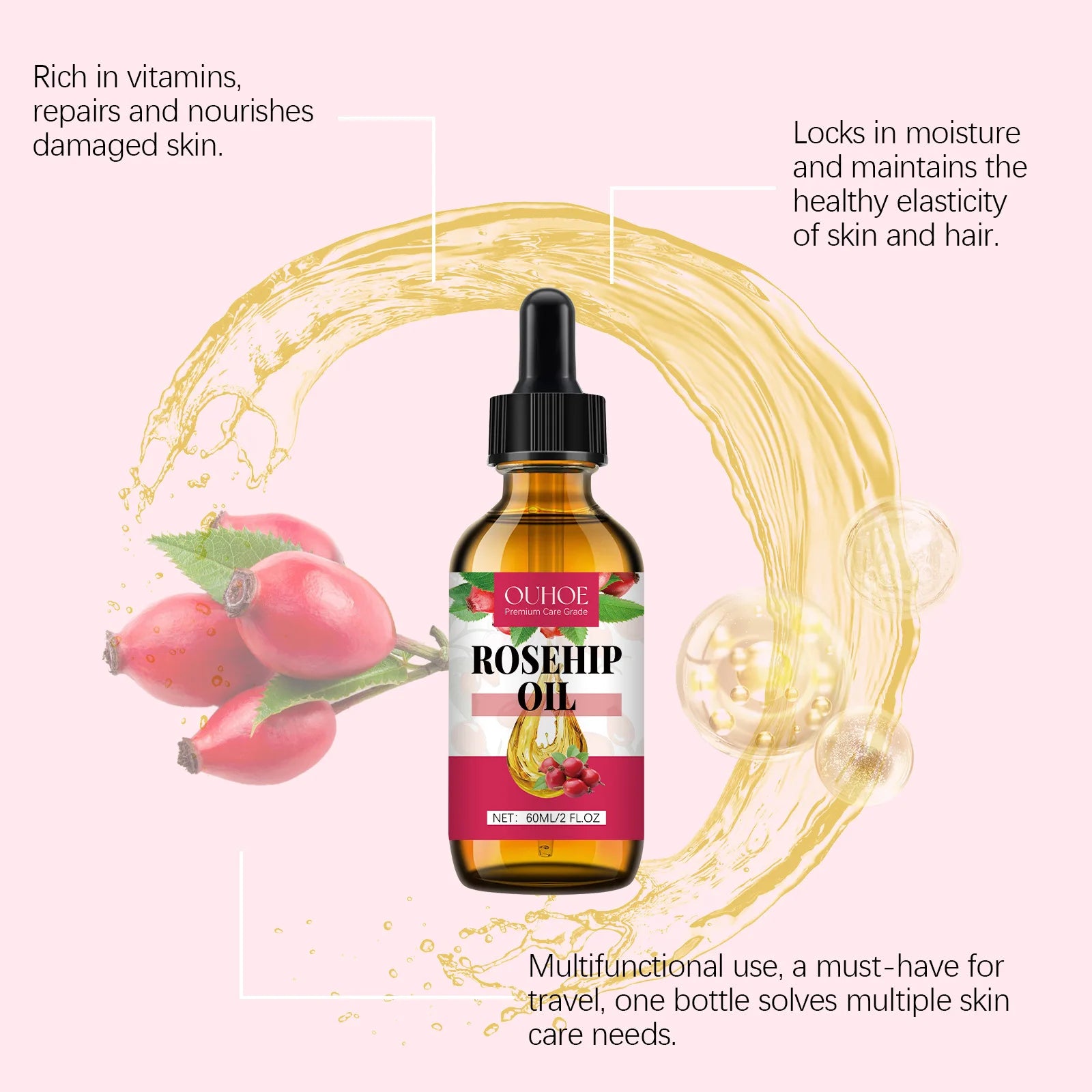 Organic Rosehip Oil Antioxidant Improve Fine Lines Wrinkles Firming Lifting Repair Moisturizer Nourish Smooth Hair Skin Care Oil - BlissFully